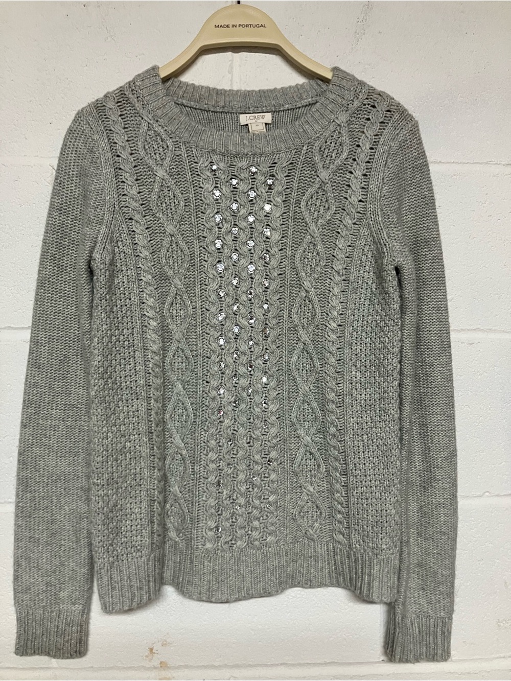J. Crew Light Gray Embellished Cable-Knit Crewneck Sweater